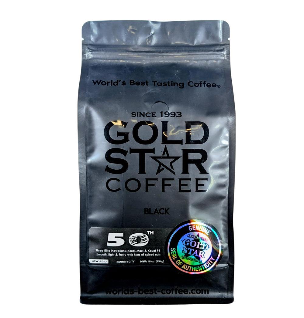 Gold Star Coffee empaque frontal mostrando mezcla 100% hawaiana y beneficio sabor premium