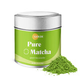 GOLDE Pure Matcha lata frontal con etiqueta clara y protección, ideal para conservar frescura