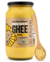 GOLDEN MONKEY ghee frente del frasco con etiqueta clara y beneficio de pureza