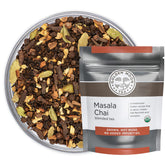 Golden Moon Tea paquete frontal mostrando mezcla de chai orgánico y etiquetado claro