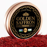 Golden Saffron lata frontal mostrando hebras rojas y empaque que conserva frescura