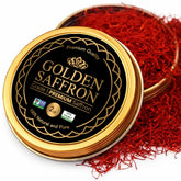 Golden Saffron lata frontal con 2 g de hebras puras, envase que conserva frescura