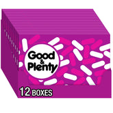 Good & Plenty vista frontal de la caja con colores rosa y blanco, ideal para regalar