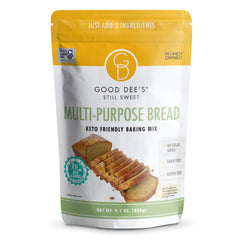 Good Dee's frente del empaque que muestra mezcla para pan bajo en carbohidratos y beneficios keto