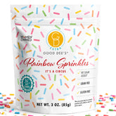 Good Dee's empaque frontal con sprinkles multicolor, ideal para repostería keto