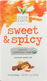 Good Earth Tea Co. paquete frontal mostrando diseño y sabor Sweet and Spicy