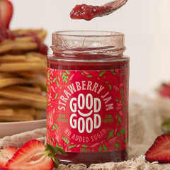 Good Good mermelada de fresa con ingredientes, muestra frutas reales