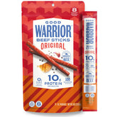 Good Warrior bastones de res frente del empaque mostrando 8 unidades y marca
