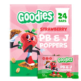 Goodies paquete frontal mostrando barras Strawberry PB&J Poppers, práctico y llamativo