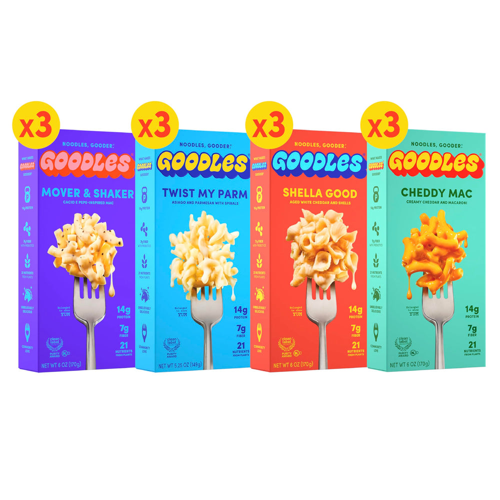 GOODLES empaque frontal mostrando los cuatro sabores y beneficios