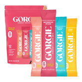 GORGIE frontal paquete sticks mostrando 12 sobres listos para llevar, conveniencia inmediata