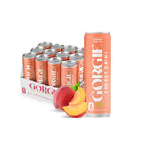 GORGIE pack frontal de 12 latas mostrando sabor durazno, refresco inmediato