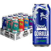 Gorilla Energy frente del empaque mostrando 12 latas y variedad de sabores