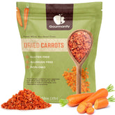 Gourmanity bolsa frontal de 2 lb mostrando zanahorias deshidratadas y conveniencia