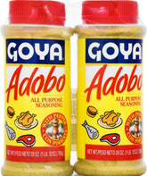 Goya Adobo frente y etiqueta mostrando información del envase y beneficio de sabor rápido