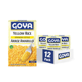 Goya caja frontal del arroz amarillo mostrando empaque claro y práctico