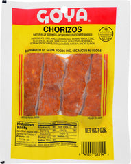 Goya chorizo ahumado empaque frontal mostrando el producto y conservación prolongada