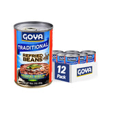 Goya frijoles refritos frente de lata mostrando diseño y conveniencia
