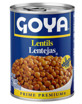 Goya lata de lentejas 15.5 oz vista frontal y etiquetas claras, conveniencia inmediata