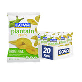Goya Plantain Chips vista frontal del paquete mostrando porciones individuales y conveniencia