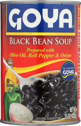 Goya sopa de frijol negro frente del empaque mostrando conveniencia