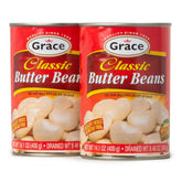 Grace Butter Beans lata frontal mostrando etiqueta y conveniencia para recetas