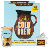 Grady's Cold Brew descafinado frente del empaque mostrando marca y pouches, conveniencia visible