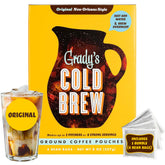 Grady's Cold Brew empaque frontal mostrando sobres, conveniencia y sabor auténtico