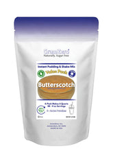 GramZero empaque frontal del pudin butterscotch que destaca sin azúcar y fácil preparación