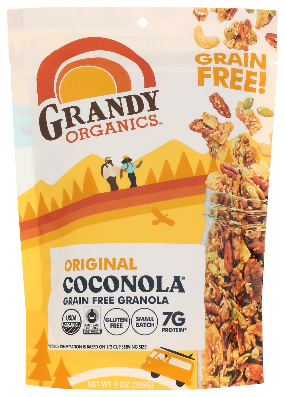 GrandyOats empaque frontal de Coconola mostrando tamaño 9 oz y diseño