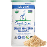 Great River Milling paquete frontal de espelta orgánica mostrando tamaño 25 lb y beneficios