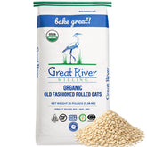 Great River Milling embalaje frontal mostrando avena orgánica y beneficio de gran formato