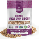 Great River Milling paquete frontal de einkorn orgánico mostrando 5 lb y beneficios