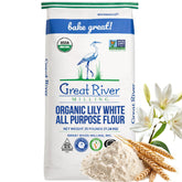Great River Milling empaque frontal mostrando saco de 25 lb y ventaja de volumen