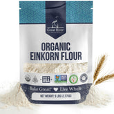 Great River Milling empaque frontal de einkorn 5 lb mostrando tamaño familiar y beneficios