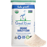 Great River Milling bolsa frontal de 25 lb mostrando marca y tipo de harina