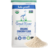 Great River Milling empaque frontal de harina einkorn mostrando certificaciones y beneficio de calidad