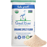 Great River Milling bolsa frontal mostrando harina espelta orgánica y facilidad de uso