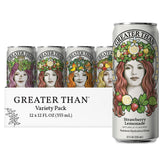 Greater Than frente del paquete de 12 latas mostrando diseño y tamaño