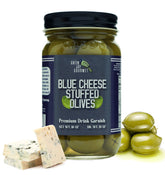 Green Jay Gourmet frasco frontal mostrando aceitunas rellenas, ideal para bebidas