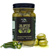 Green Jay Gourmet frasco frontal mostrando aceitunas grandes y atractivas