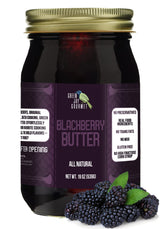 Green Jay Gourmet frasco frontal de mantequilla de mora mostrando etiqueta y tamaño