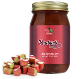Green Jay Gourmet frasco frontal de ruibarbo mostrando etiqueta y tamaño práctico