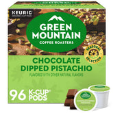Green Mountain Coffee Roasters paquete frontal mostrando sabor pistacho chocolate y beneficios