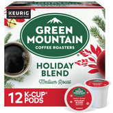 Green Mountain frontal de la caja Holiday Blend mostrando diseño festivo y beneficios