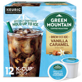 Green Mountain frontal del paquete mostrando sabor vainilla caramelo y beneficio refrescante