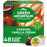 Green Mountain Coffee Roasters packaging frontal mostrando el sabor Caramel Vanilla Cream y beneficios de conveniencia