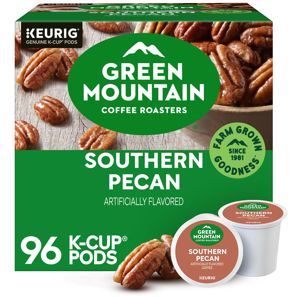 Green Mountain Coffee Roasters empaque frontal mostrando sabor Southern Pecan y beneficio de sabor consistente