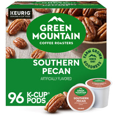 Green Mountain Coffee Roasters empaque frontal mostrando sabor Southern Pecan y beneficio de sabor consistente