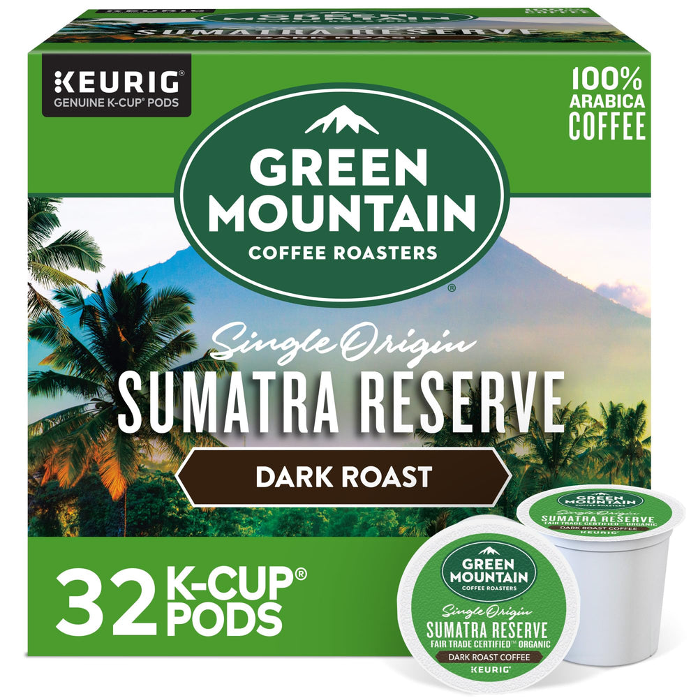 Green Mountain frontal de caja Sumatra Reserve mostrando diseño y cantidad